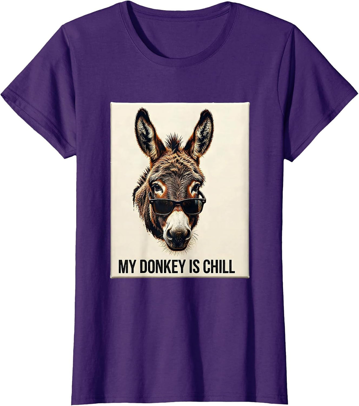 Women's My Donkey Is Chill Funny Animal Lover Rubber Stamp Humor T-Shirt - Purple