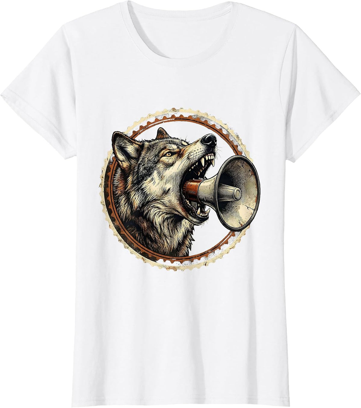 Wolf Howling Megaphone Rock and Roll Graphic T-Shirt - White