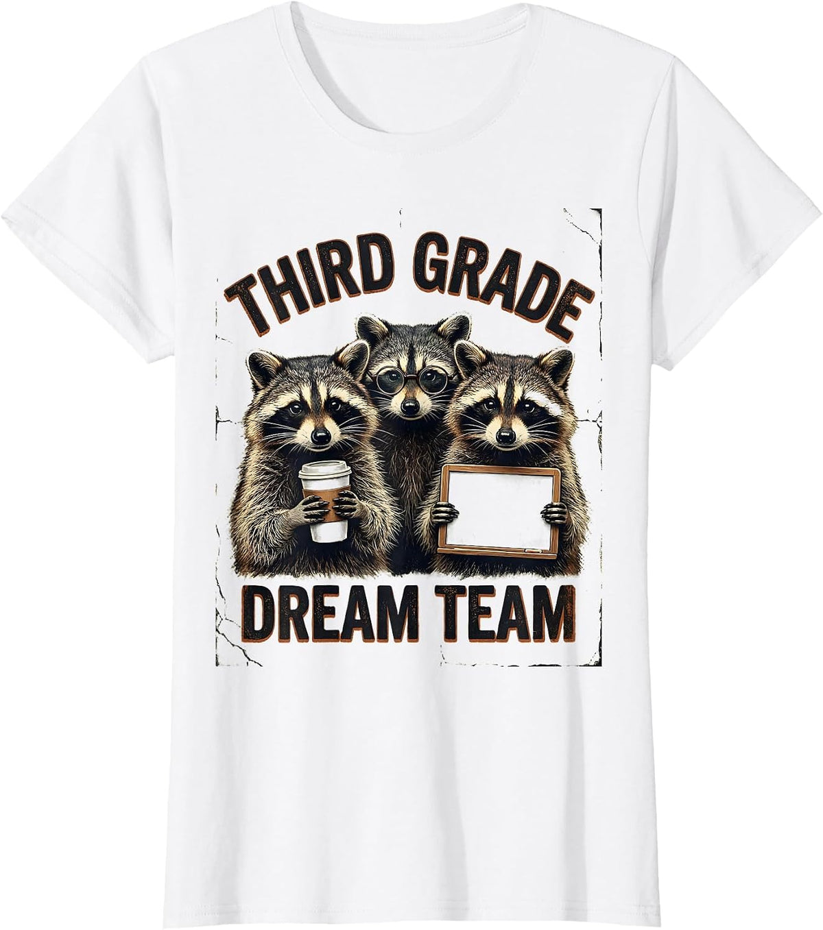 Women's Third Grade Dream Team Distressed Raccoon Teacher Back T-Shirt - White