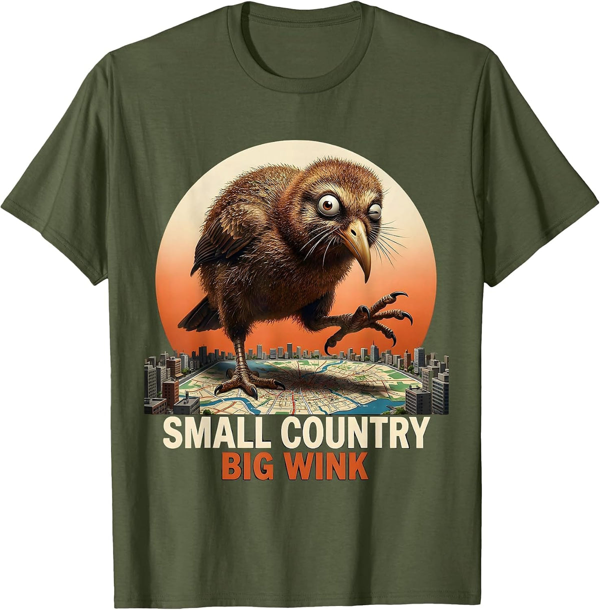 Small Country Big Wink Vintage Kiwi Bird Rugby Fan Humor T-Shirt - Olive Green