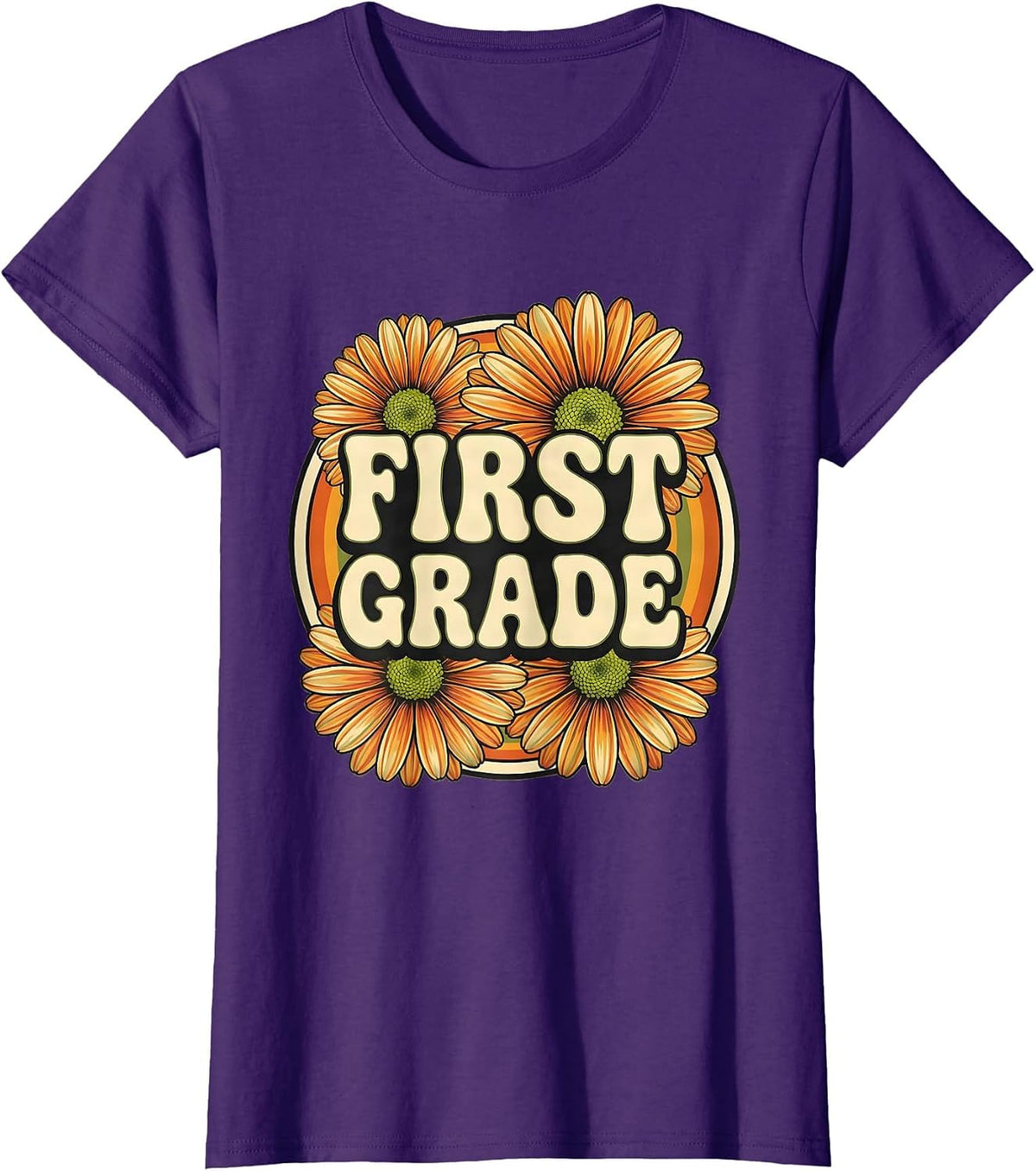 Women's FIRST GRADE Retro Flower Power Squared First Grade Back To T-Shirt - Purple
