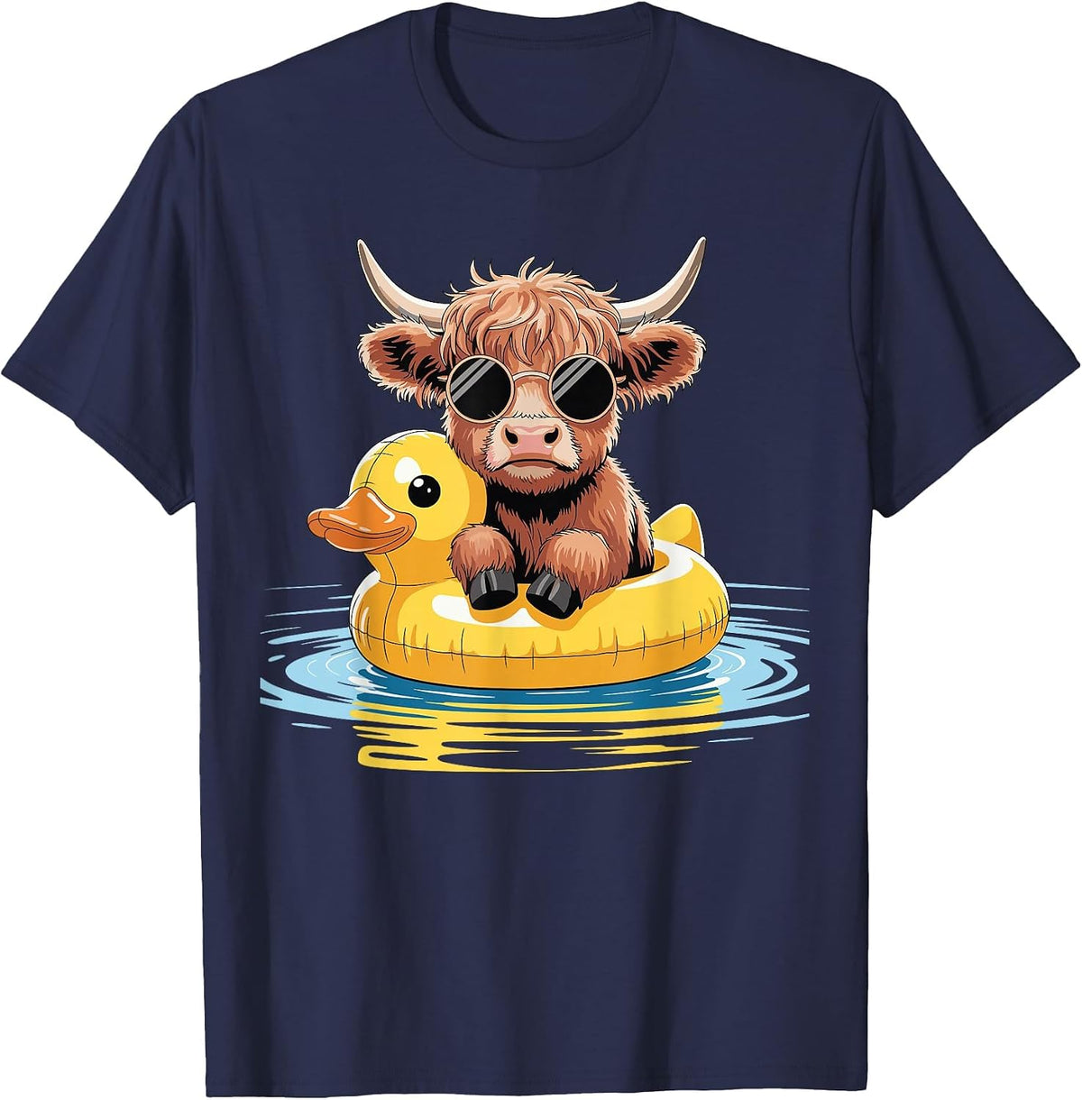 Highland Cow Duck Pool Float Summer Swimming T-Shirt - Navy Blue