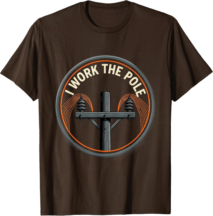 I Work The Pole Funny Electrician Lineman Skeleton Trade T-Shirt - Brown