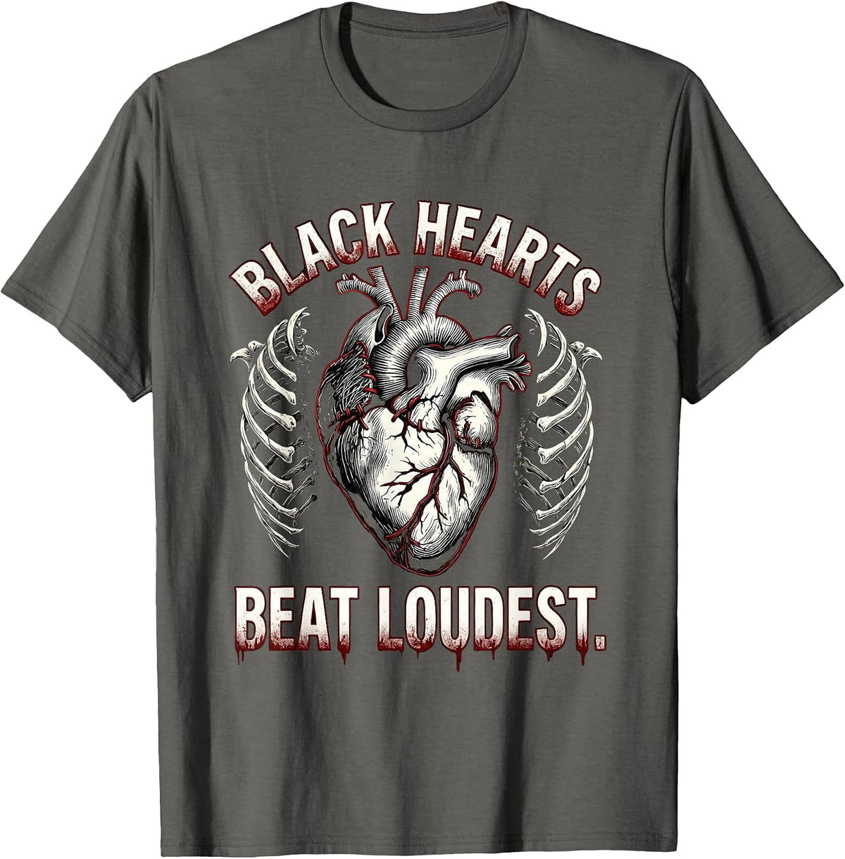 Black Hearts Beat Loudest Gothic Dark Design T-Shirt - Asphalt Grey