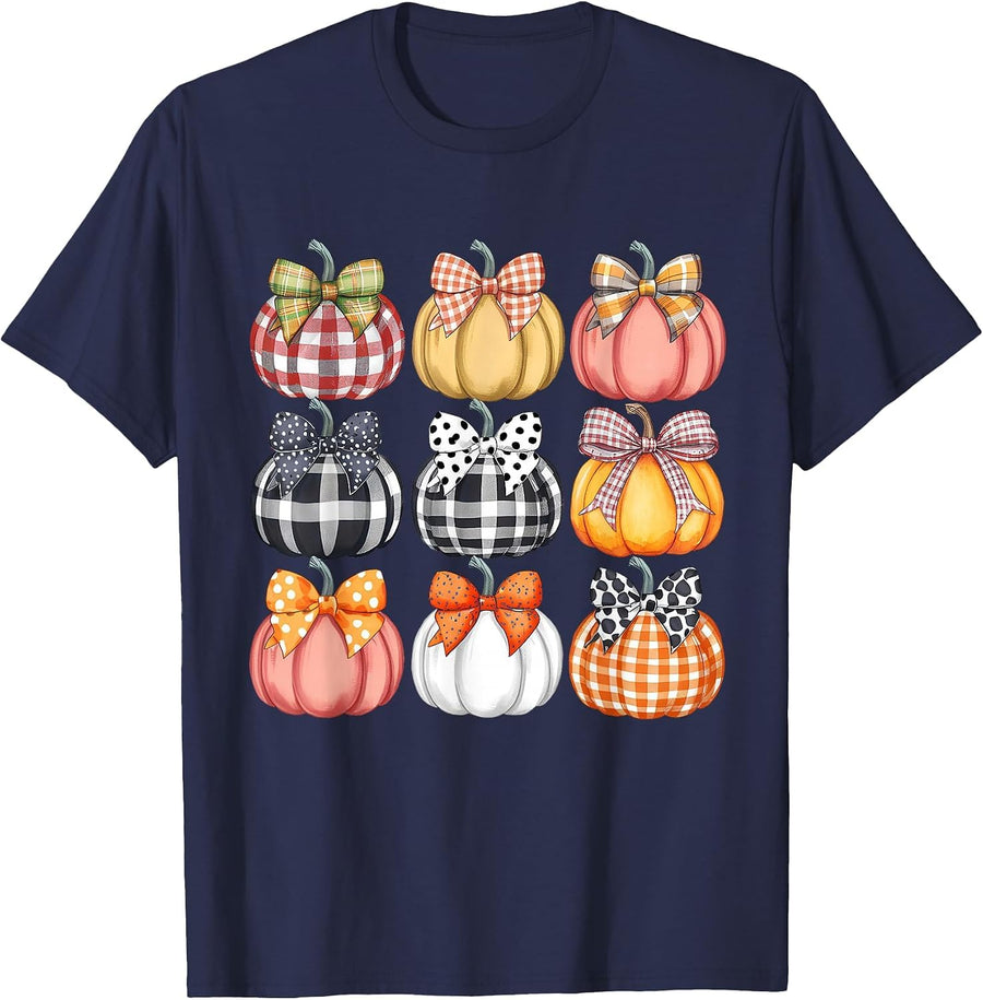 Pumpkin Coquette Bow Fall Halloween Costume Spooky Season T-Shirt - Navy Blue