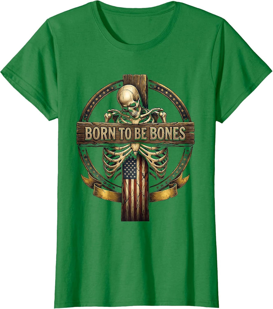 Women's Born to Be Bones Skeleton Graphic Design T-Shirt - Kelly Green