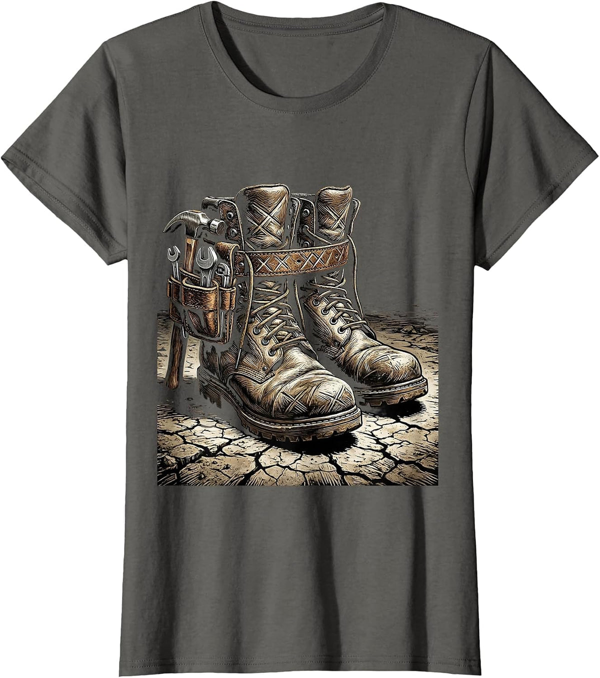 Women's Work Boots and Tool Belt Dusty Ground Illustration T-Shirt - Asphalt Grey