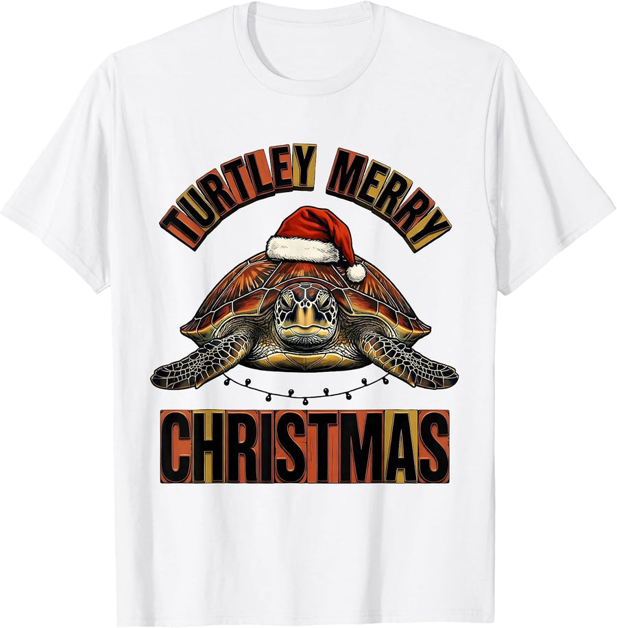 Men's Turtley Merry Christmas Wood Type Letterpress Sea Turtle T-Shirt - White
