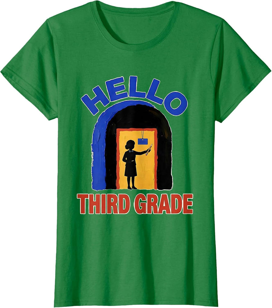 Women's Hello Third Grade Playful Back to School First Day of School T-Shirt - Kelly Green