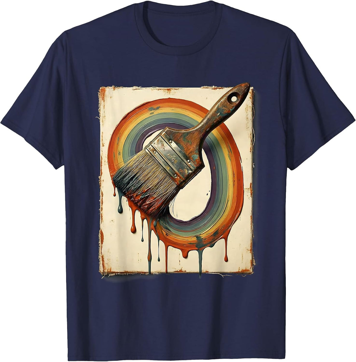 Men's Preschool Teacher Rainbow Paintbrush Canvas Art T-Shirt - Navy Blue