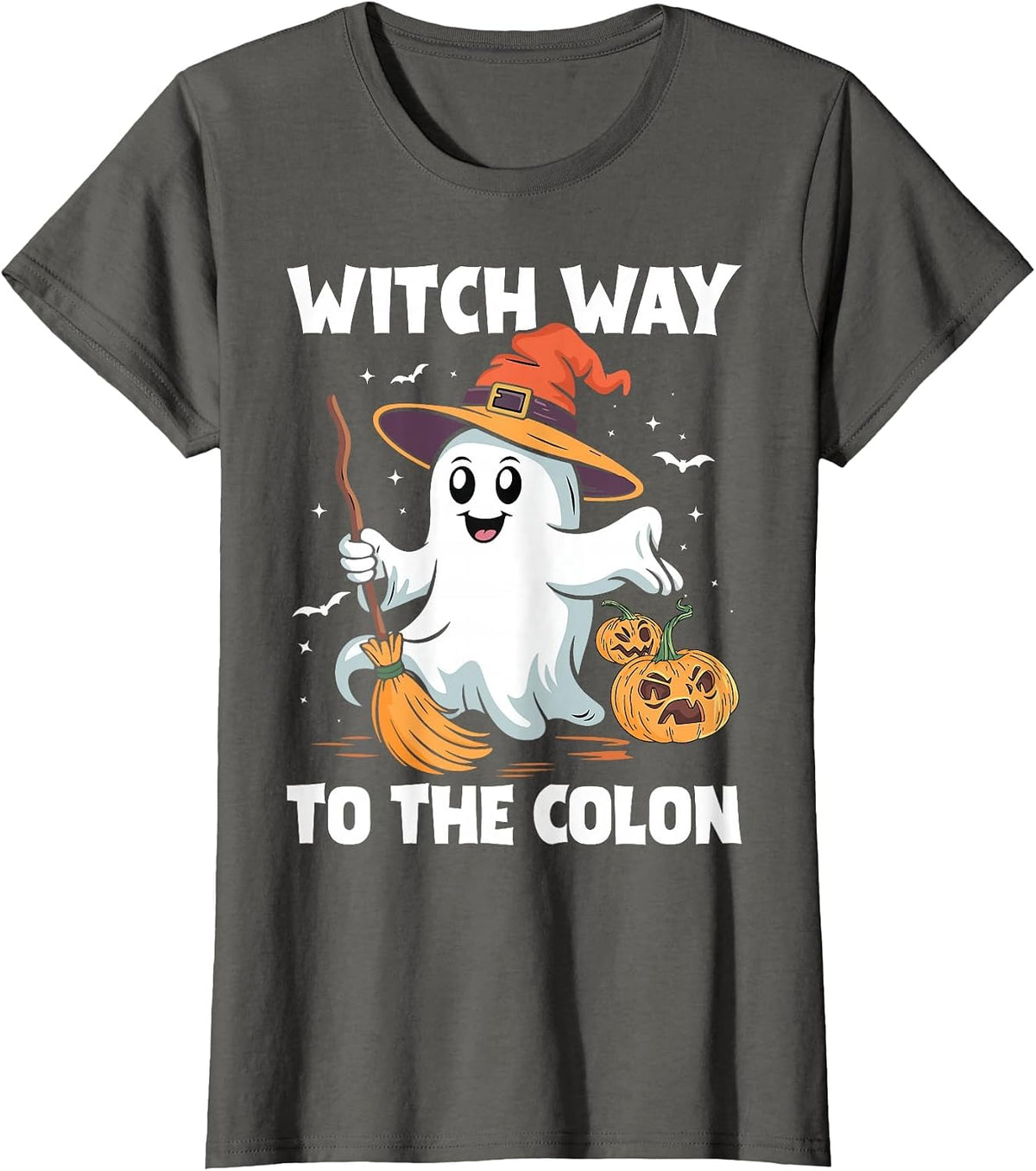Witch Way to the Colon Cute Ghost Halloween Endoscopy Nurse T-Shirt - Asphalt Grey