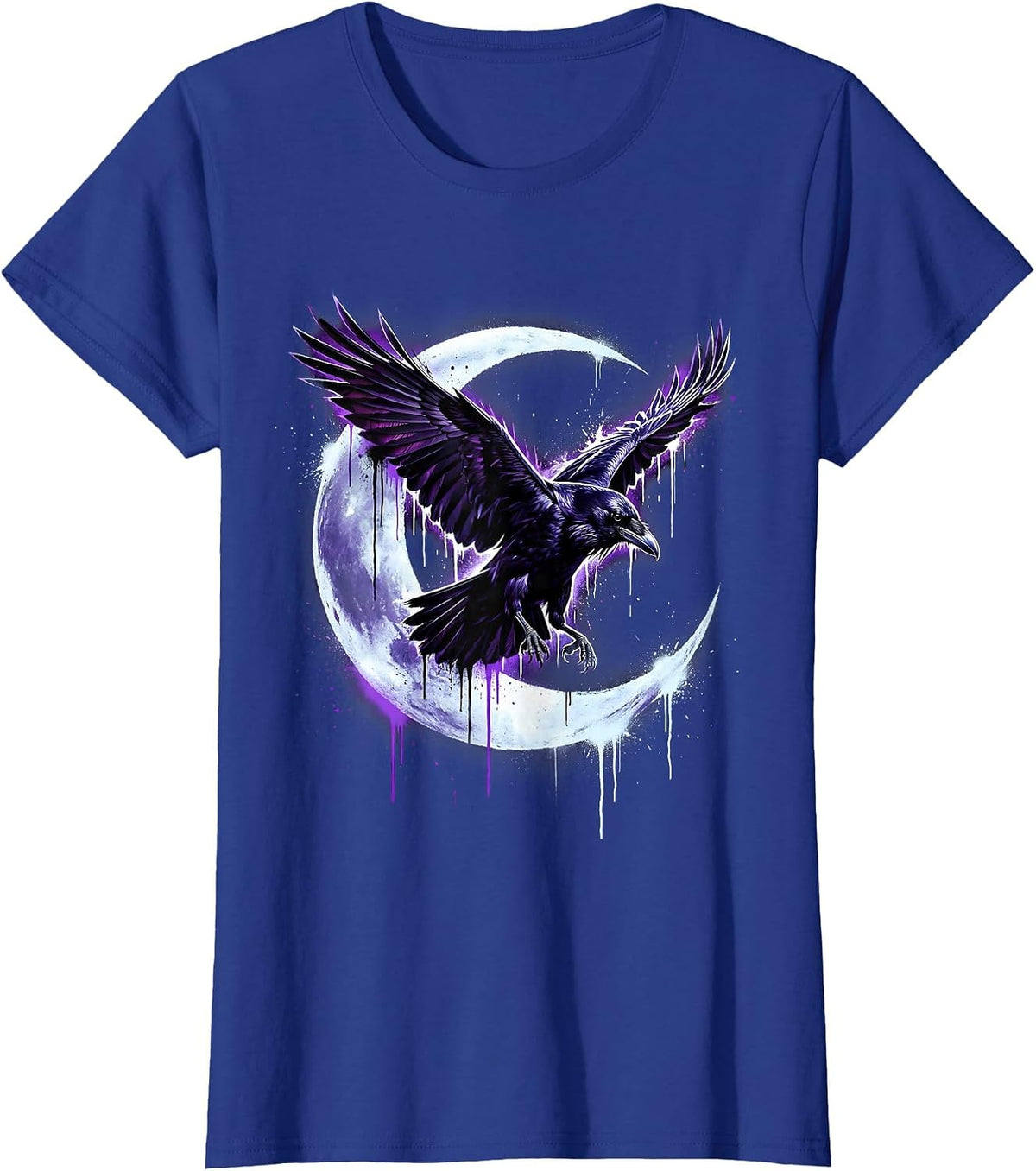 Women's Raven Flying Through Crescent Moon Silhouette T-Shirt - Royal Blue