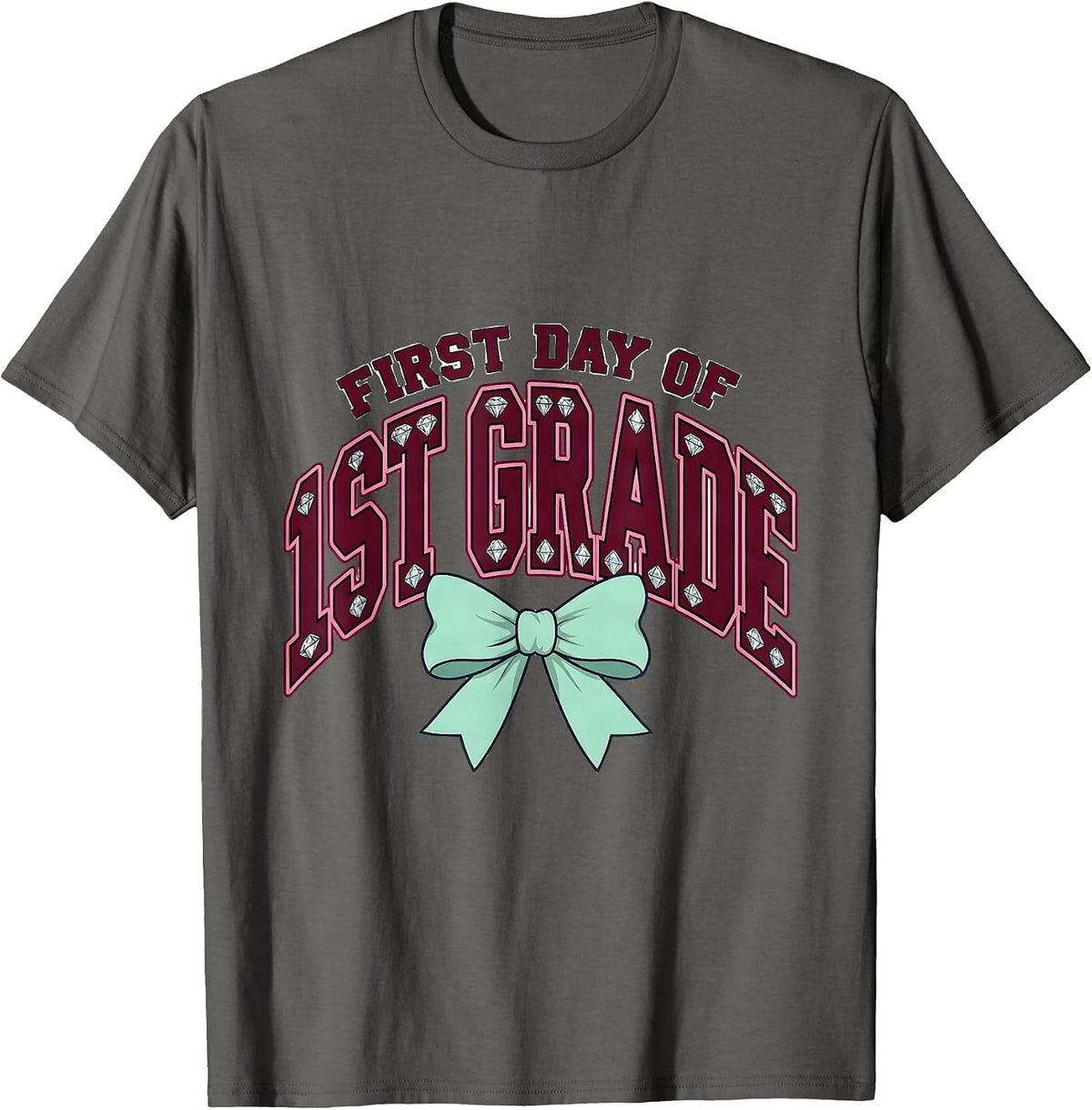First Day Of 1st Grade Cute Girly Back To School Bow T-Shirt - Asphalt Grey