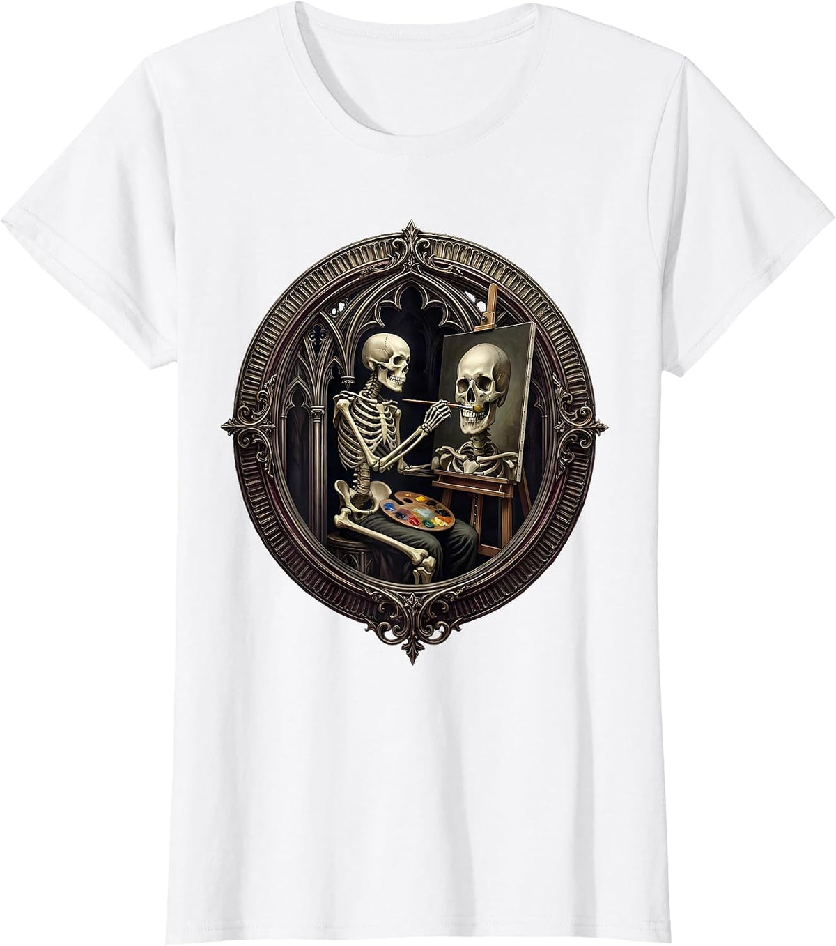 Skeleton Self-Portrait Painter Graphic Art T-Shirt - White