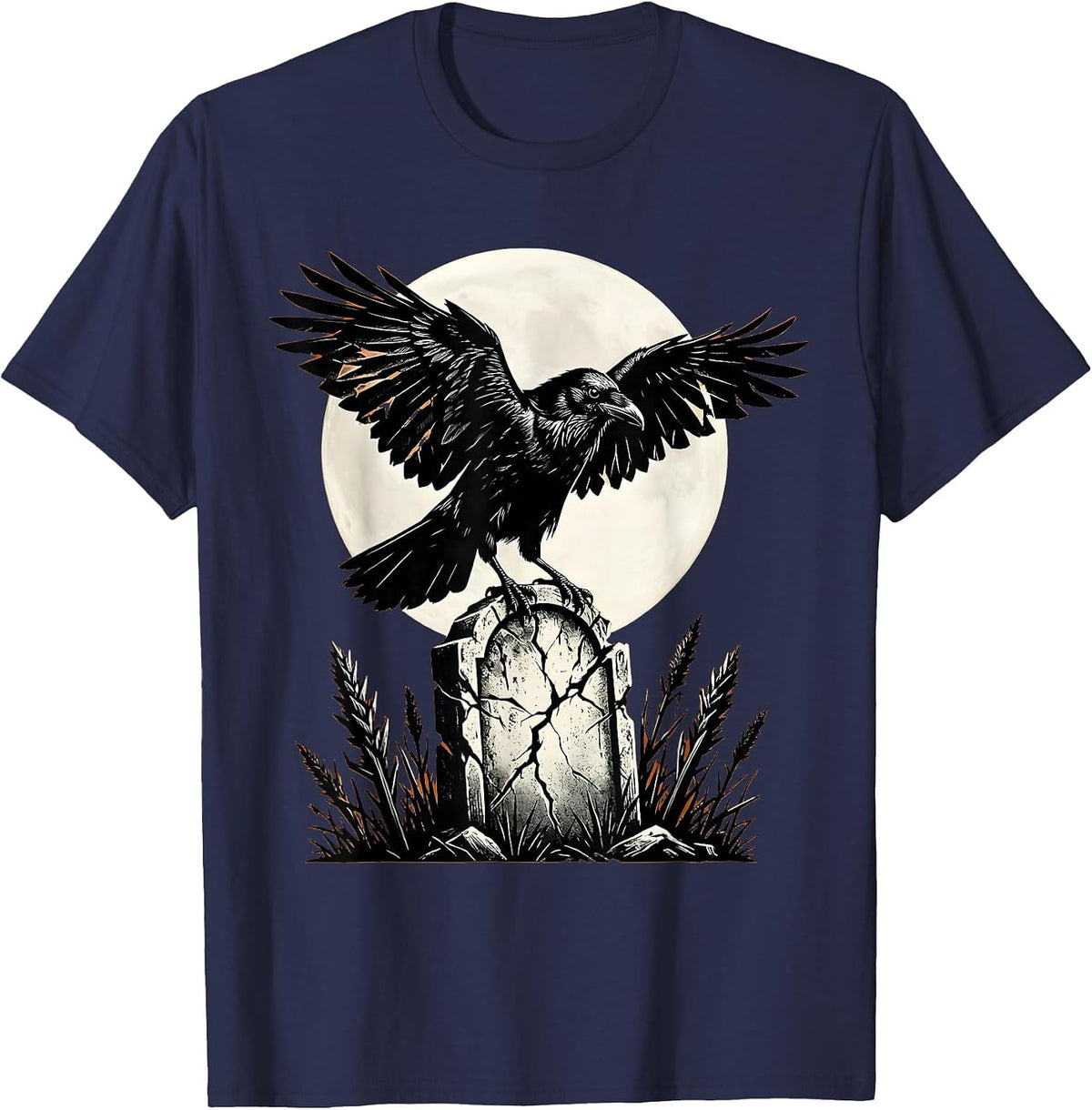 Raven on Gravestone Halloween Gothic Design T-Shirt - Navy Blue