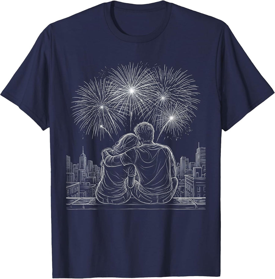 Rooftop Fireworks Couple Romantic Night Sky T-Shirt - Navy Blue