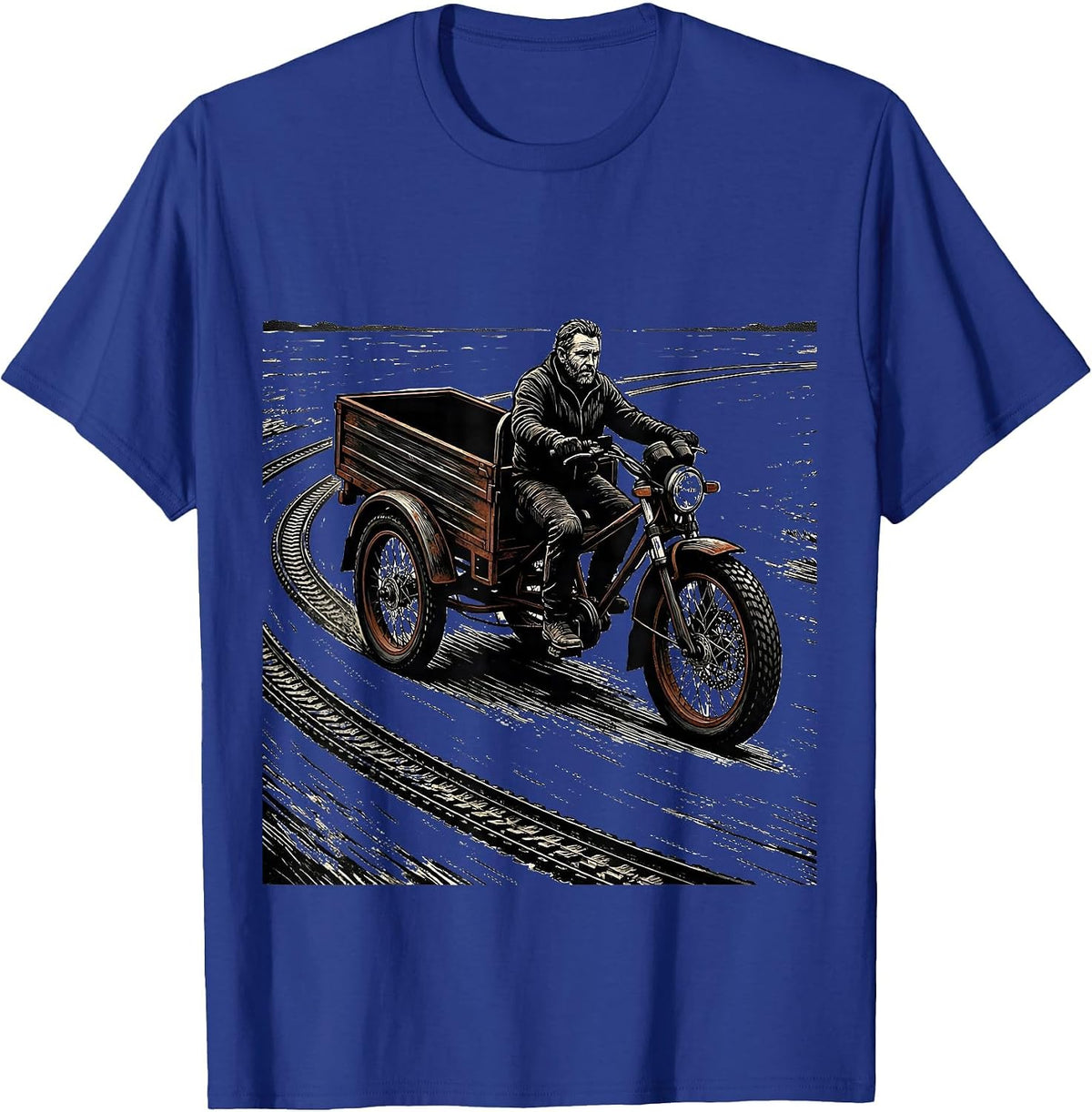 Men's Old Guy Trike Linocut Cycling Humor T-Shirt - Royal Blue