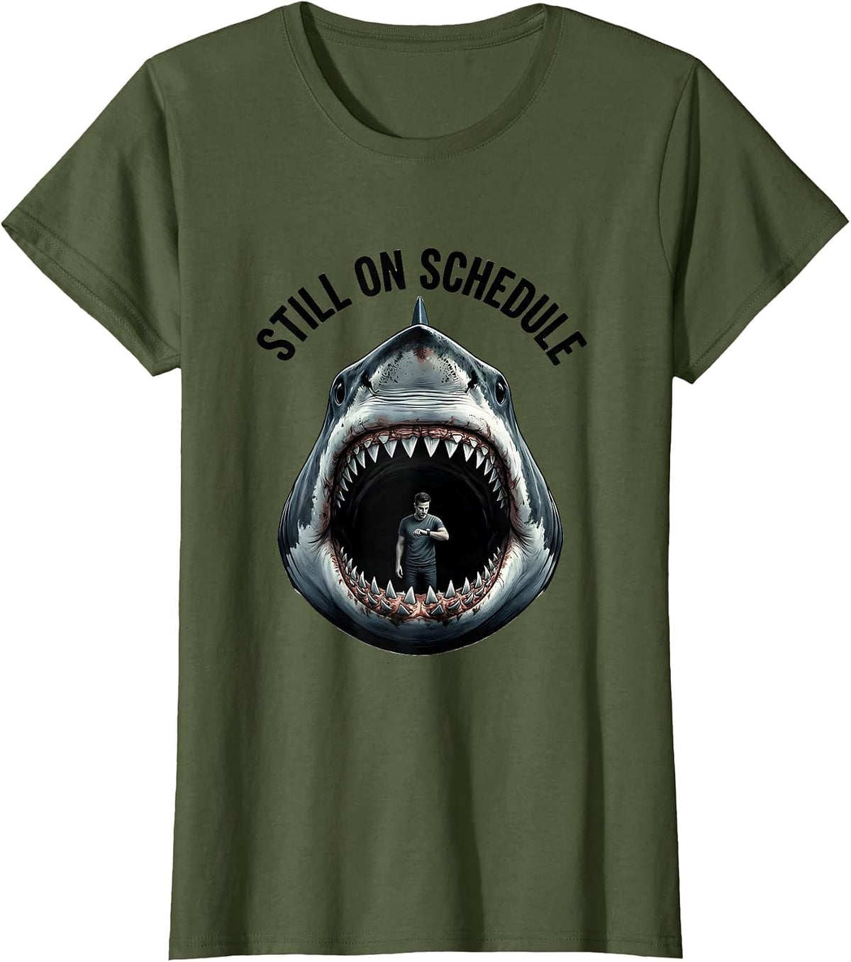 Women's Still On Schedule Funny Shark Jaw Halloween Costume T-Shirt - Olive Green