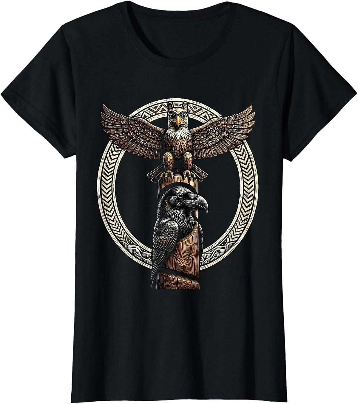 Alaska Totem Pole Eagle and Raven Illustration T-Shirt - Black