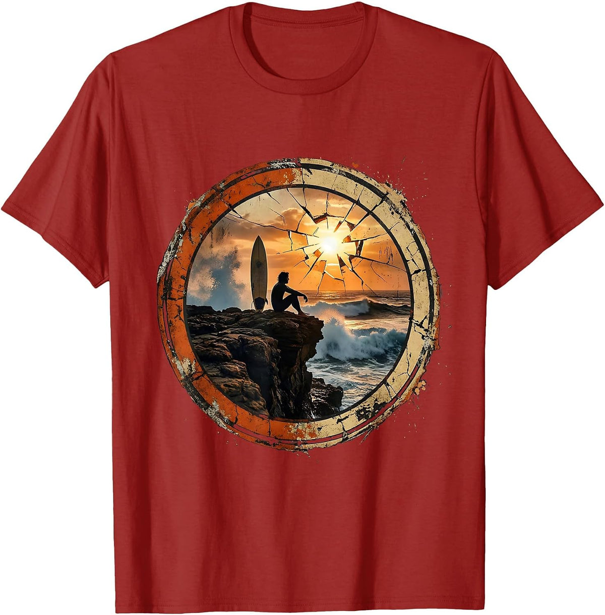 Surfer Meditating on Rocky Cliff Graphic Tee T-Shirt - Cranberry Red