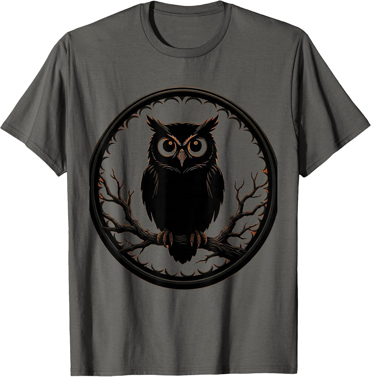 Halloween Owl Glowing Eyes Bare Branch Illustration T-Shirt - Asphalt Grey