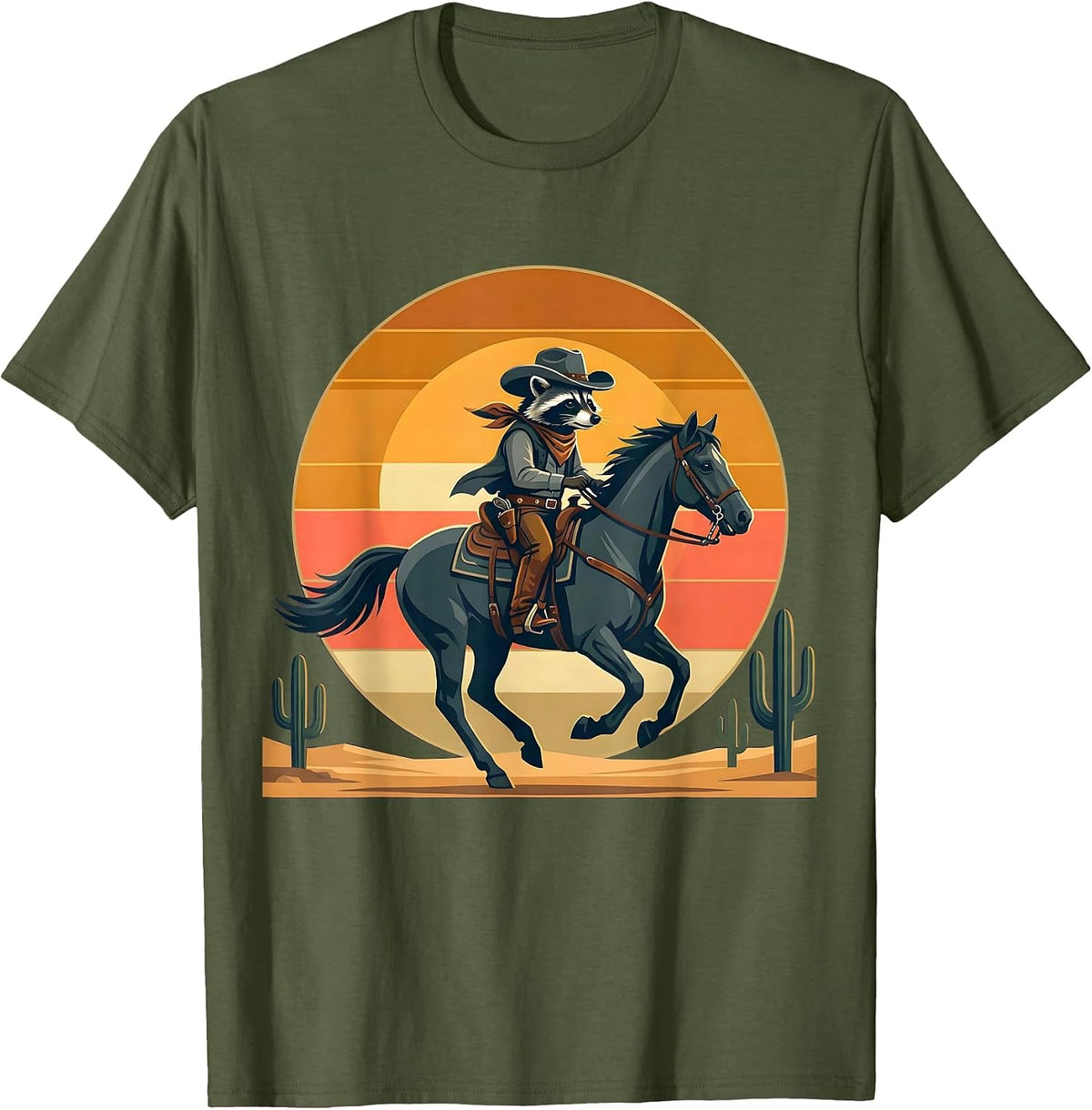Raccoon Cowboy on Horseback Sunset Design T-Shirt - Olive Green