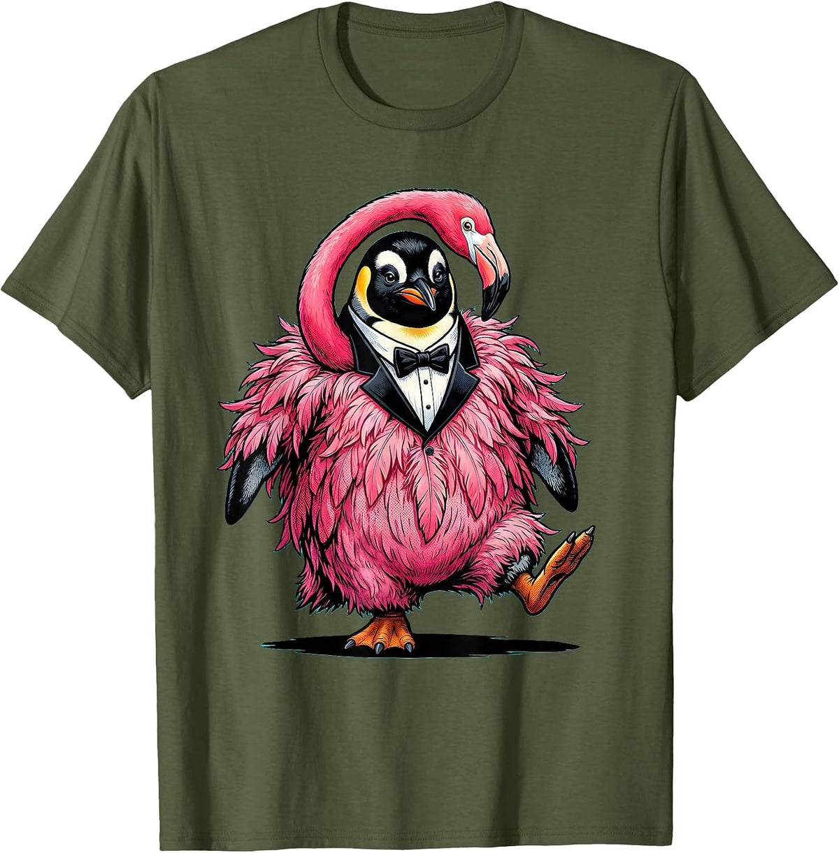 Men's Funny Penguin in Flamingo Costume Graphic T-Shirt - Olive Green