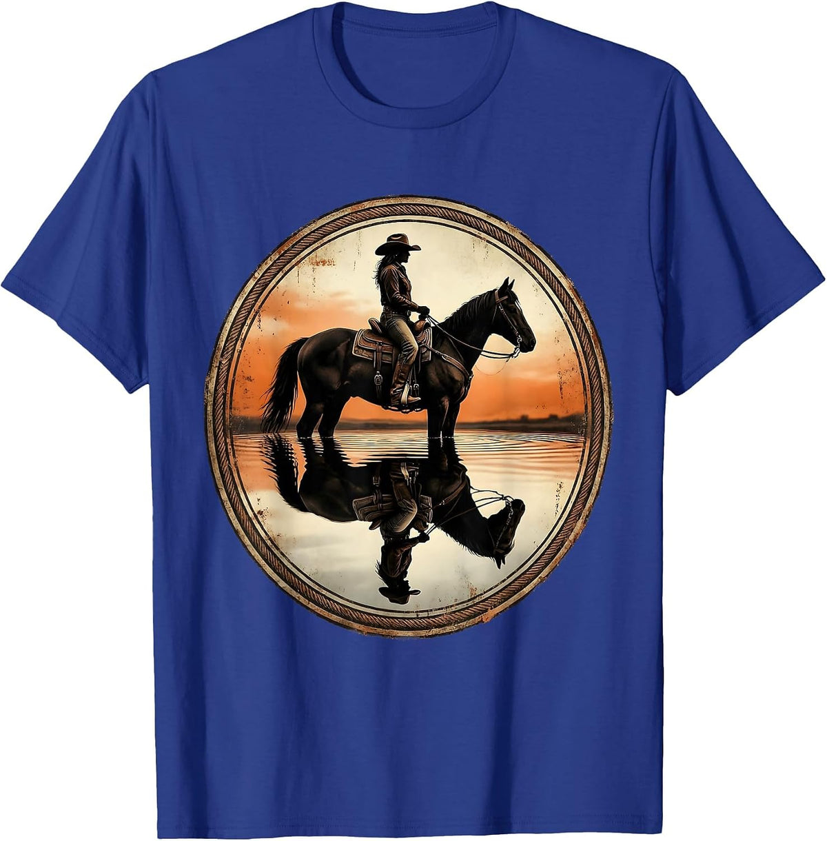 Rodeo Horse Reflection Still Pond Graphic T-Shirt - Royal Blue