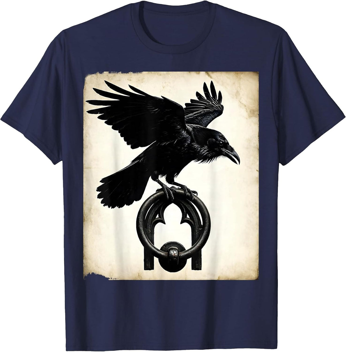 Men's Raven on Door Knocker Gothic Dark Art Illustration T-Shirt - Navy Blue