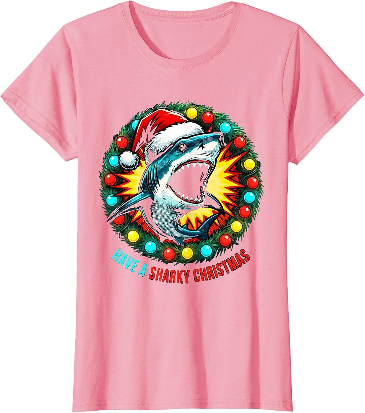 Women's Have a Sharky Christmas Funny Pop Art Shark Santa Hat T-Shirt - Pink