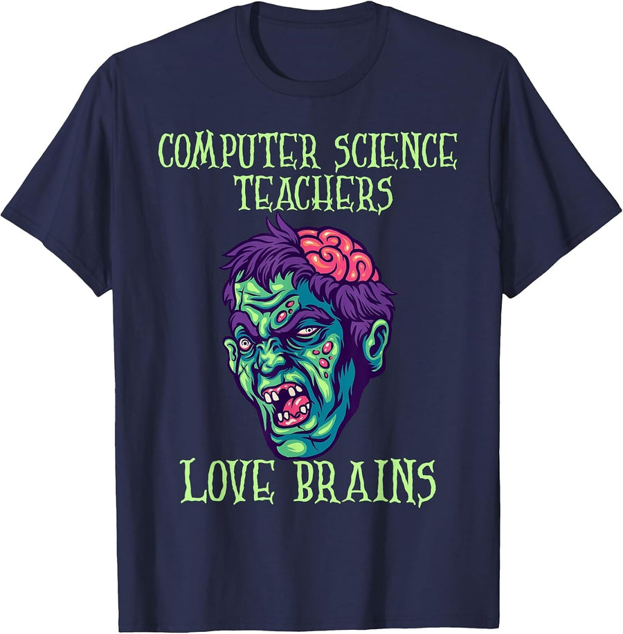 Computer Science Teachers Love Brains Halloween Costume T-Shirt - Navy Blue