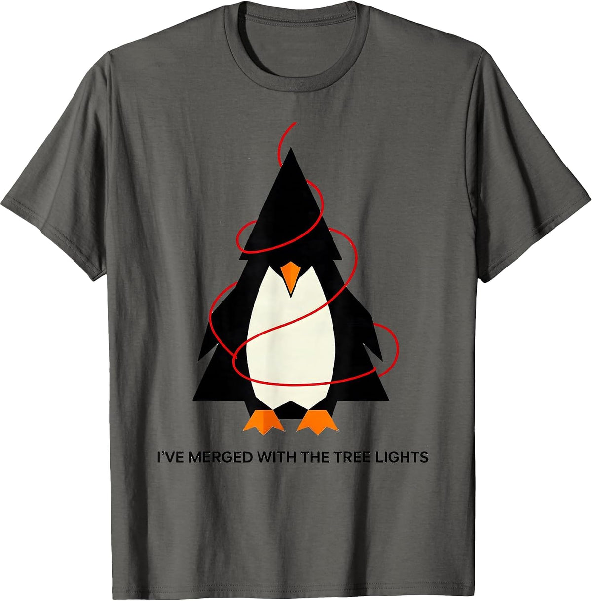 I've Merged With The Tree Lights Geometric Penguin Christmas T-Shirt - Asphalt Grey