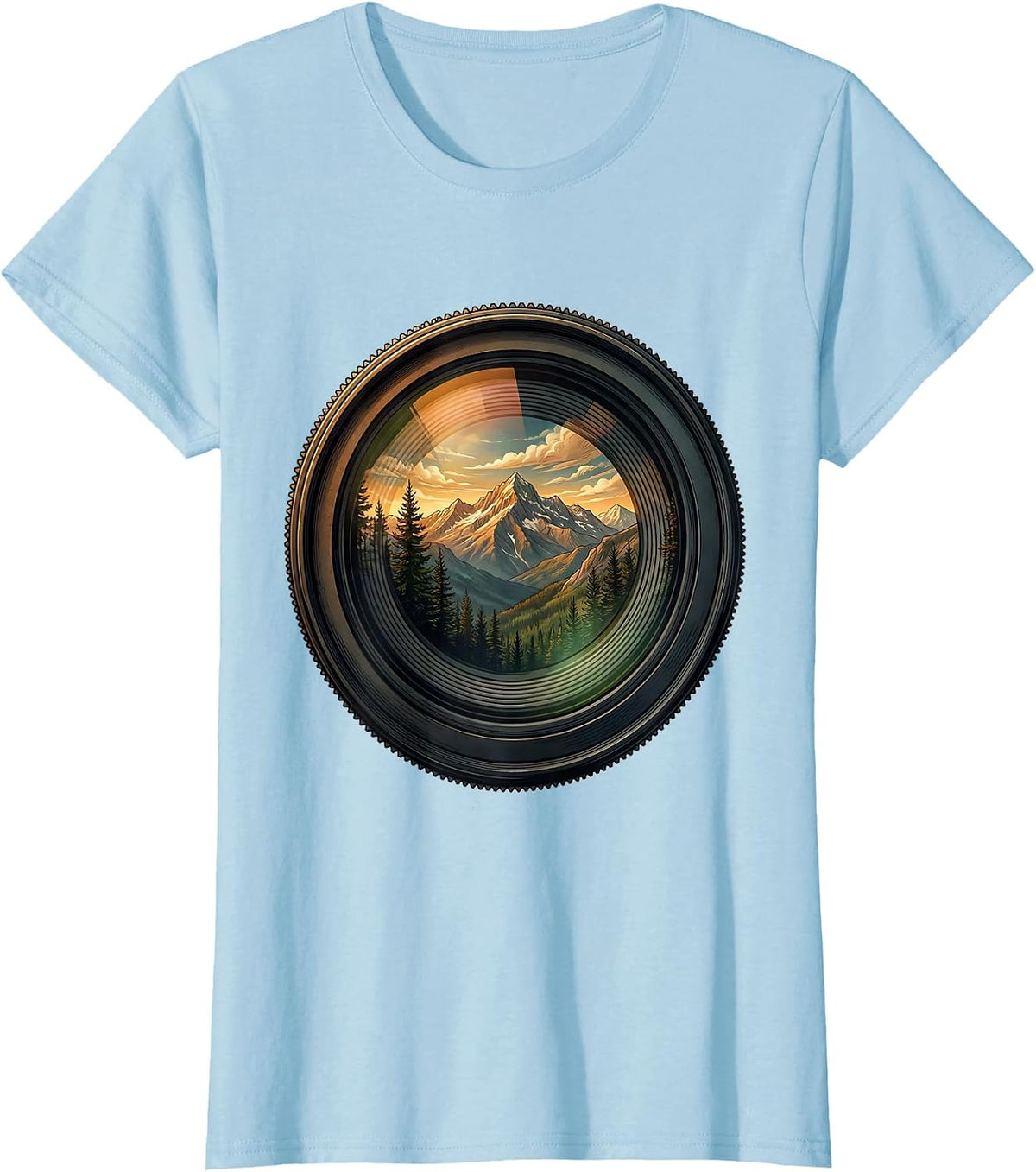 Camera Lens Mountain Landscape Photography Art T-Shirt - Baby Blue
