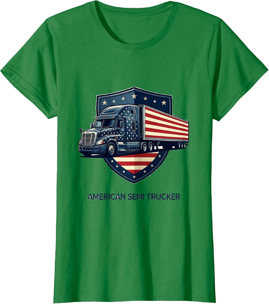 Women's American Semi Trucker Patriotic Trucker Gift for Drivers T-Shirt - Kelly Green