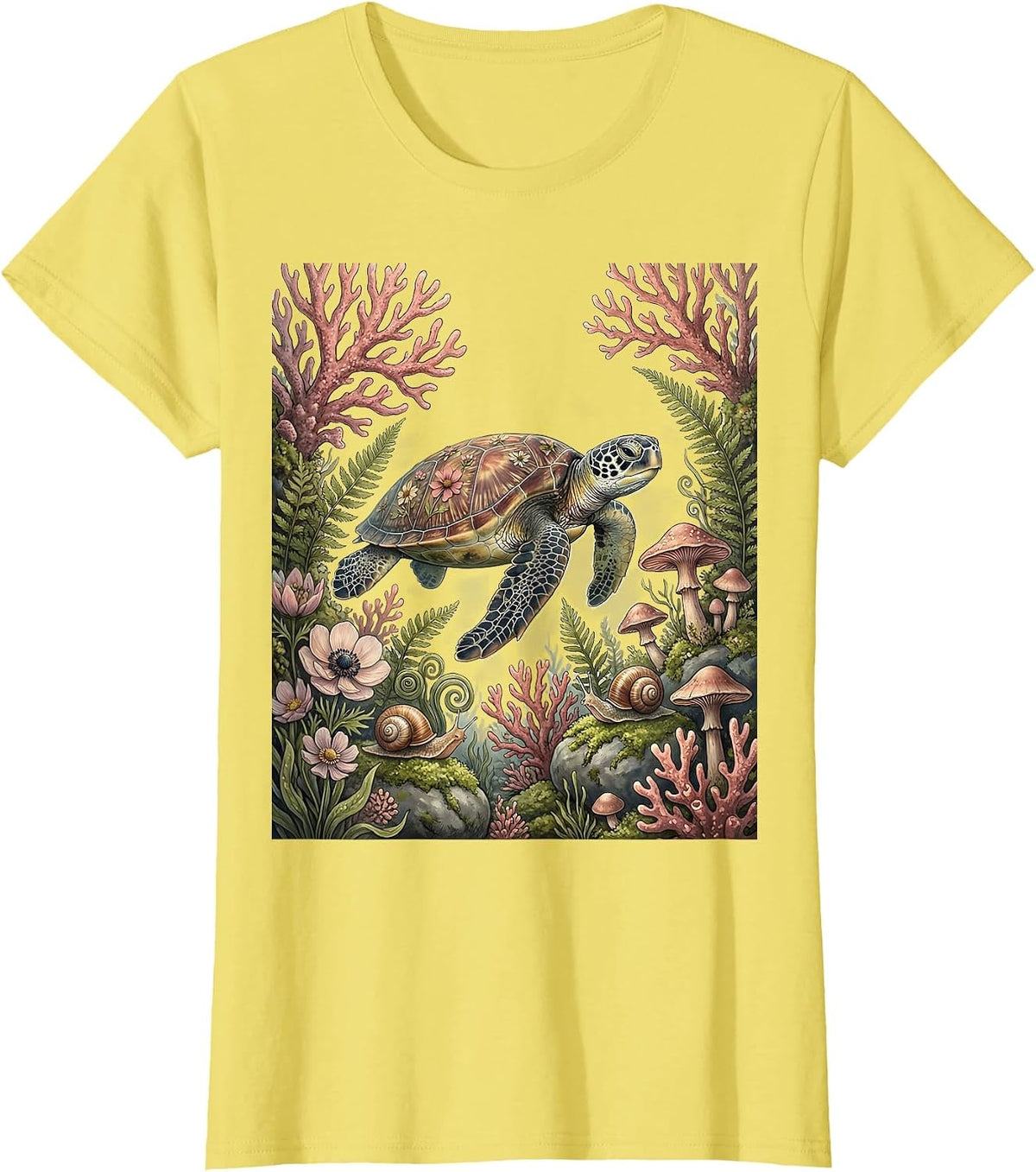 Women's Sea Turtle Pink Coral Reef Breast Cancer Awareness T-Shirt - Lemon Yellow
