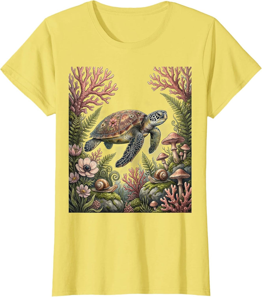Women's Sea Turtle Pink Coral Reef Breast Cancer Awareness T-Shirt - Lemon Yellow