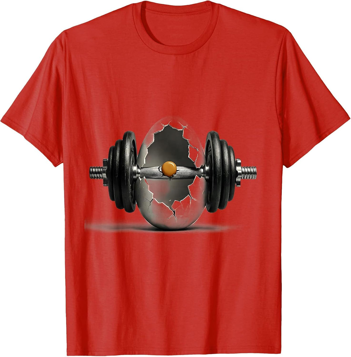 Men's Dumbbell Cracking Open Like an Egg Fitness Art T-Shirt - Red