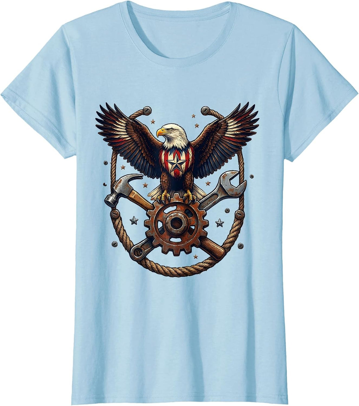 Labor Day Eagle Crossed Tools and Gear Graphic T-Shirt - Baby Blue