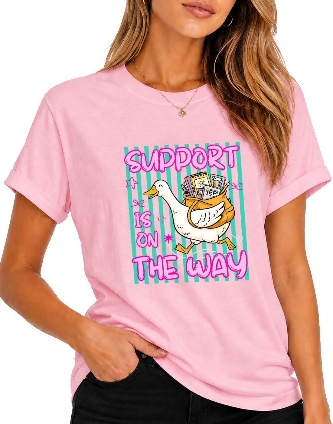 Support is On The Way Cute Goose Tshirt SPED Special Education Teacher Tee - Crew Neck Pink