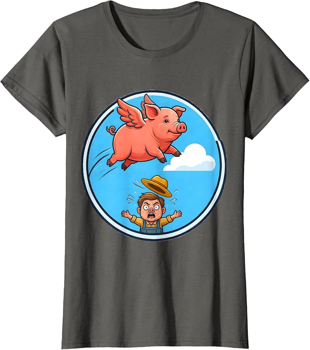Women's Funny Flying Pig Soaring Past Shocked Farmer T-Shirt - Asphalt Grey