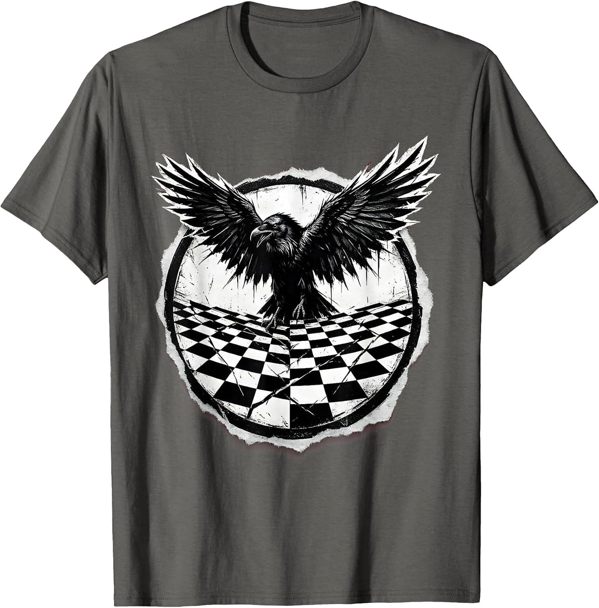 Raven on Checkered Chessboard Graphic T-Shirt - Asphalt Grey