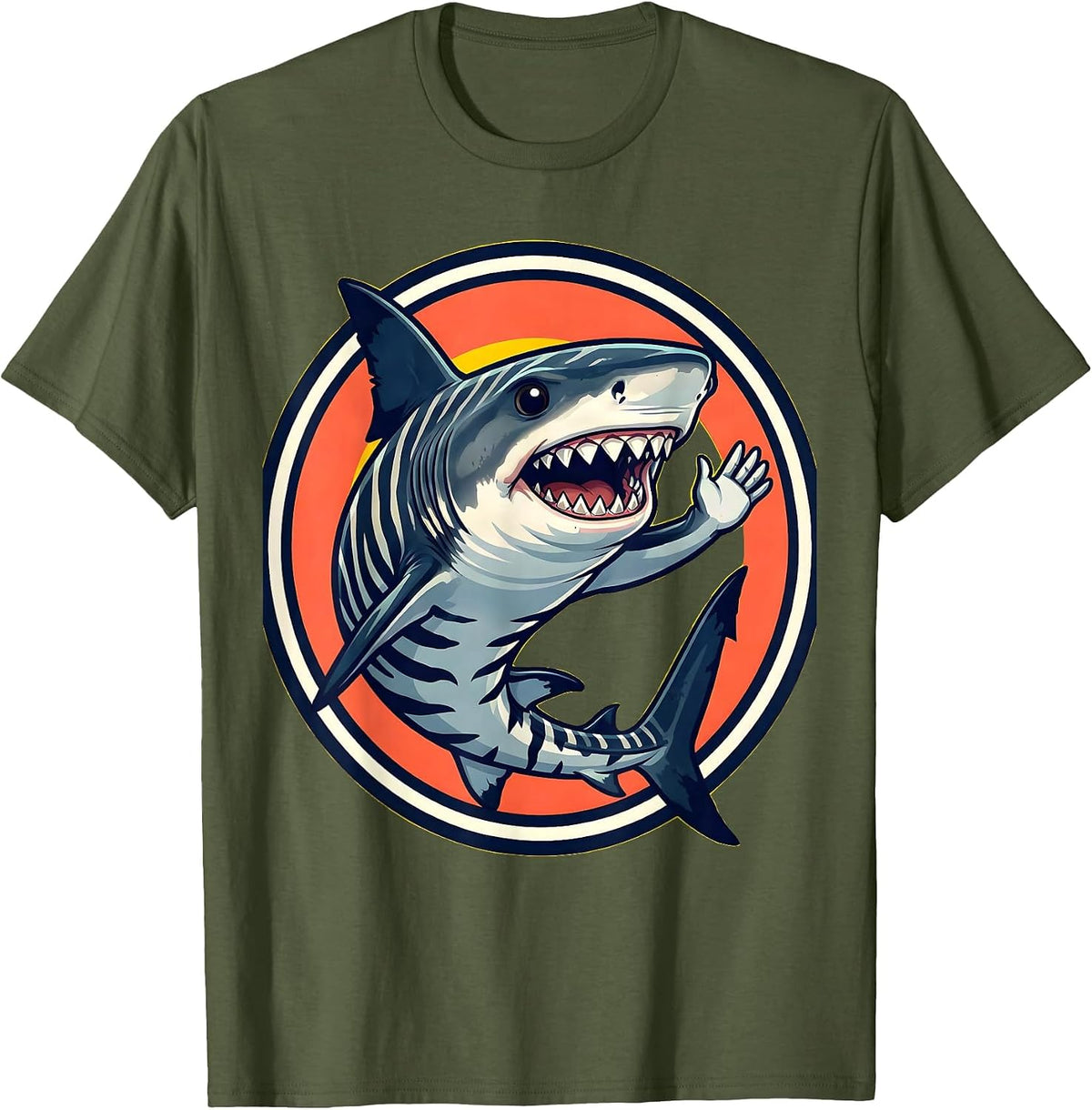 Cheerful Zebra Shark Cartoon Ocean Wildlife Lover Gift T-Shirt - Olive Green