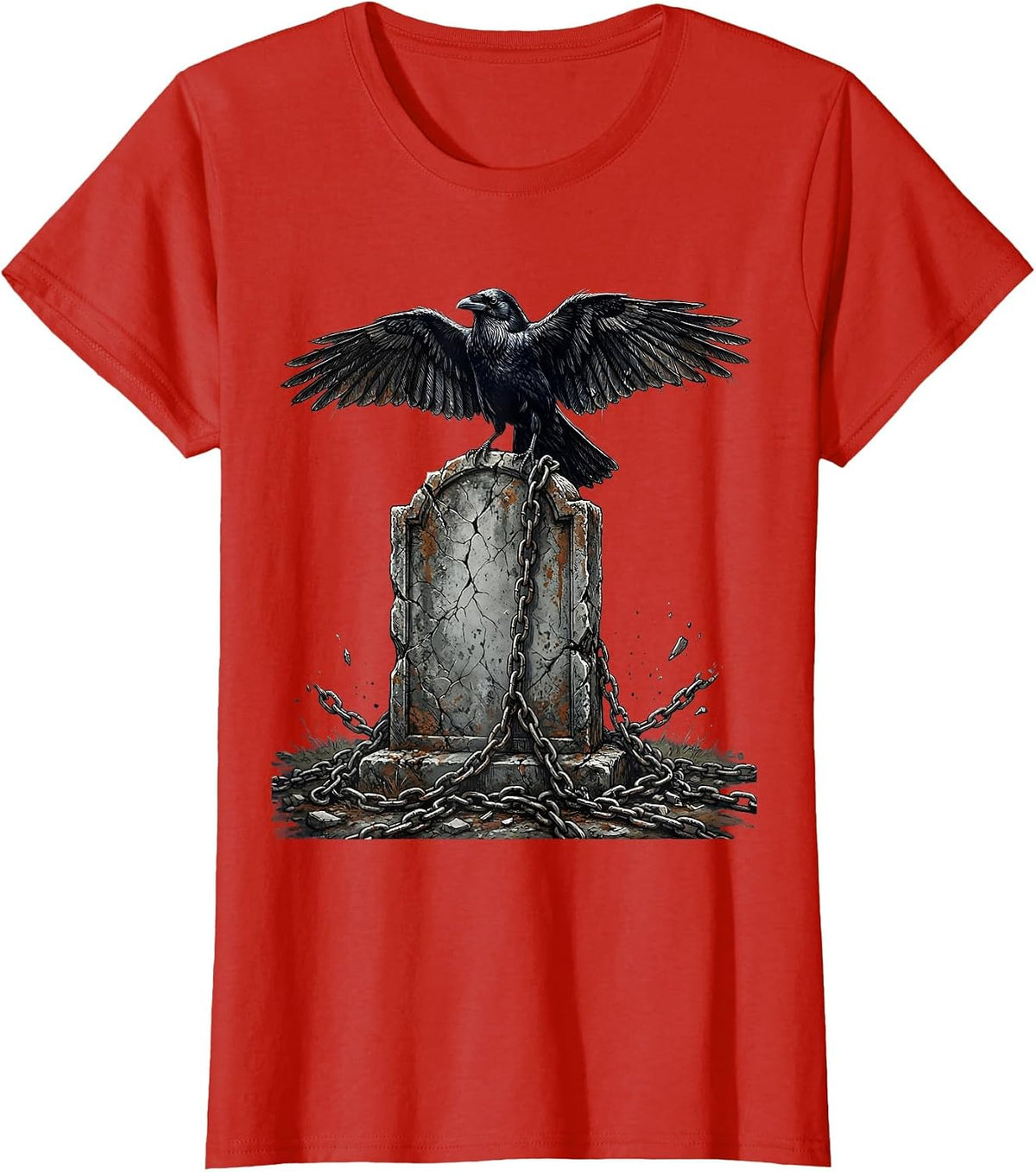 Goth Raven Grave Broken Chains Dark Art Design T-Shirt - Red