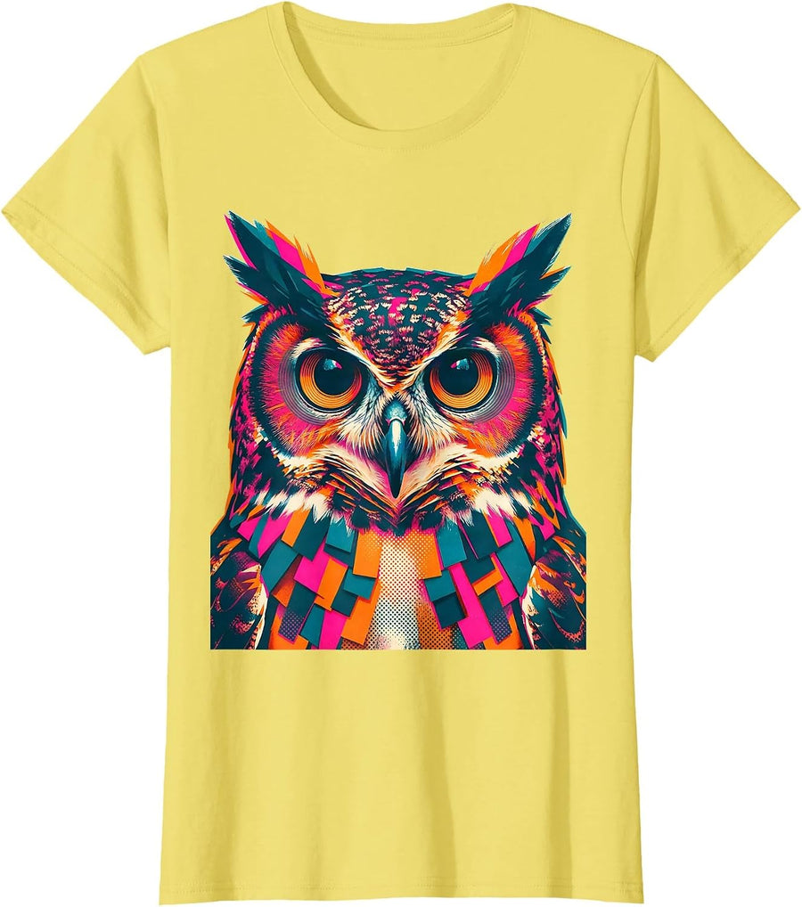 Cropped Owl Face Risograph Bird Lover Humor T-Shirt - Lemon Yellow