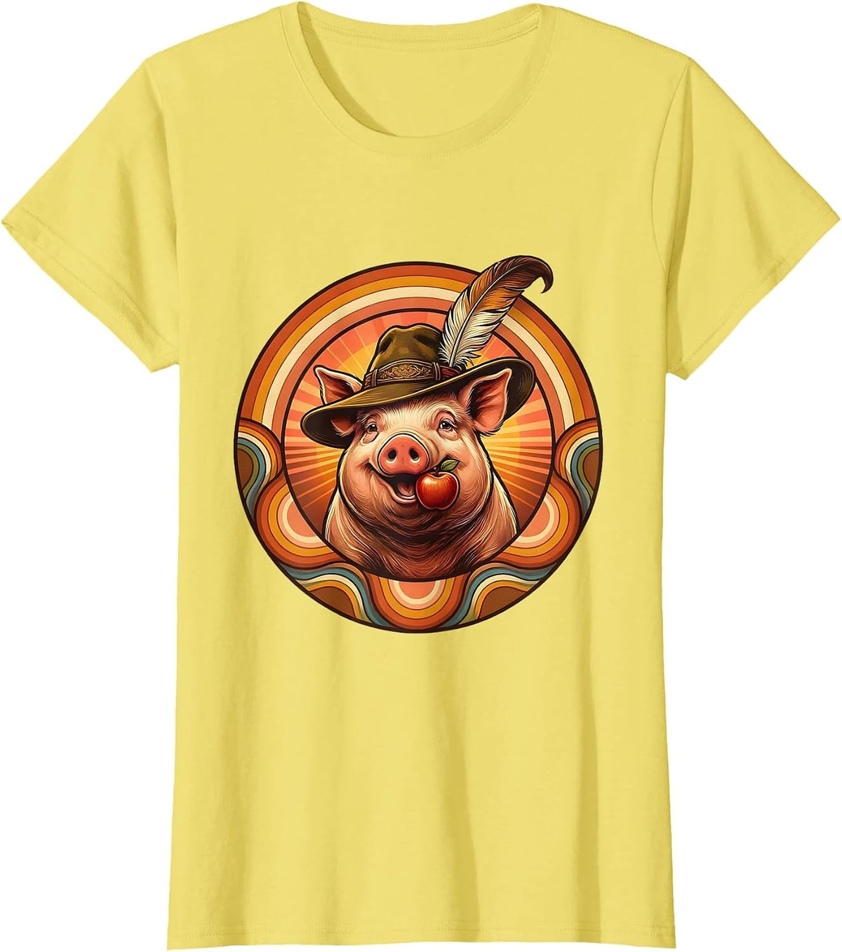Women's Oktoberfest Pig with Feathered Hat Illustration T-Shirt - Lemon Yellow
