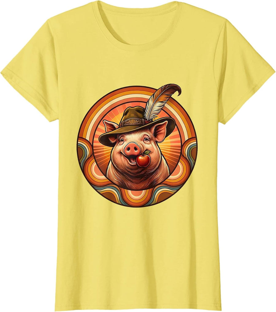 Women's Oktoberfest Pig with Feathered Hat Illustration T-Shirt - Lemon Yellow