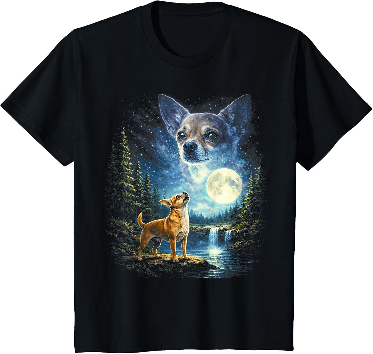 Chihuahua Howling Howl Vintage Funny Dog Moonlit Moon Art T-Shirt - Black