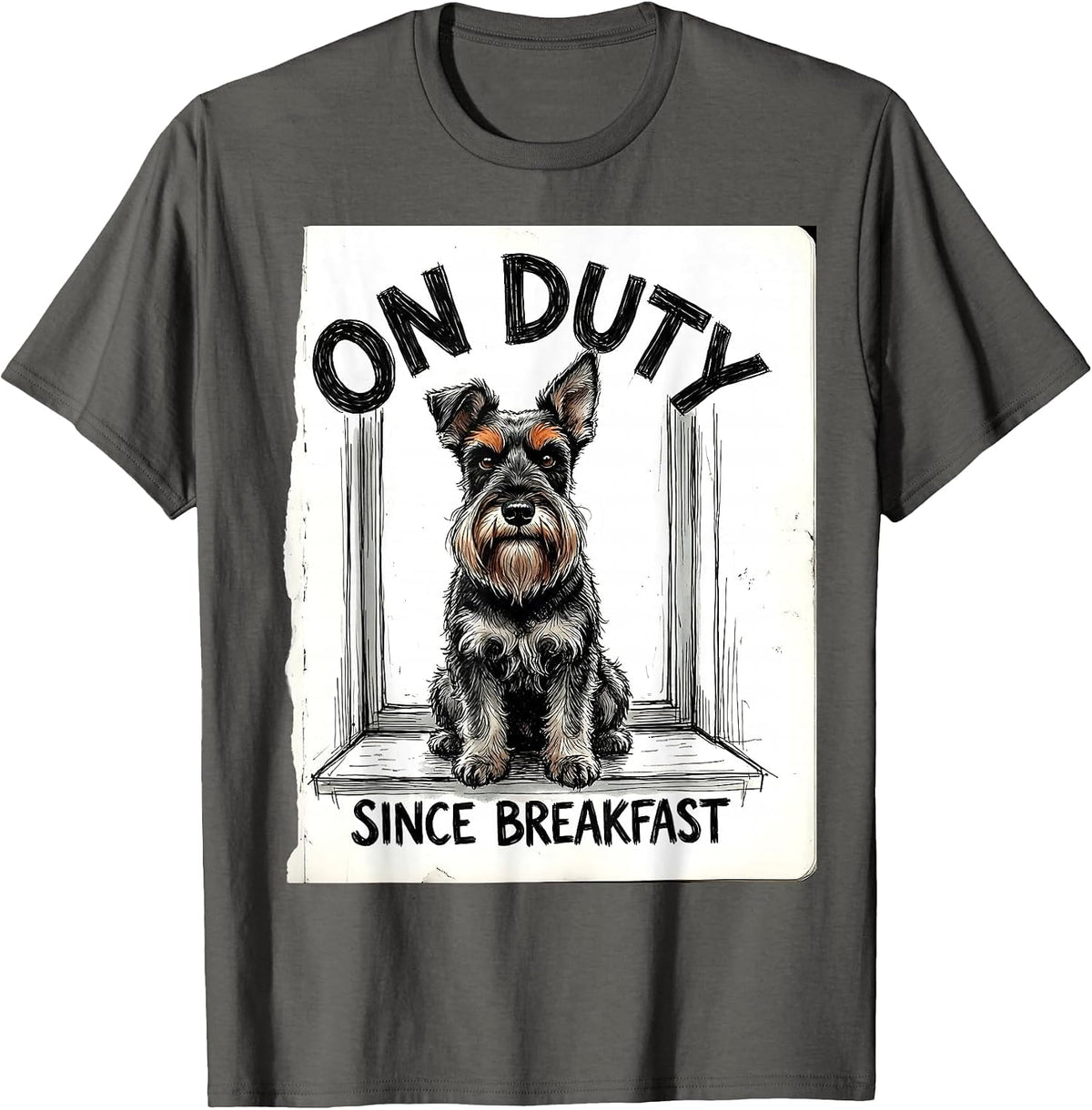 Men's On Duty Since Breakfast Funny Miniature Schnauzer Lover Gift T-Shirt - Asphalt Grey