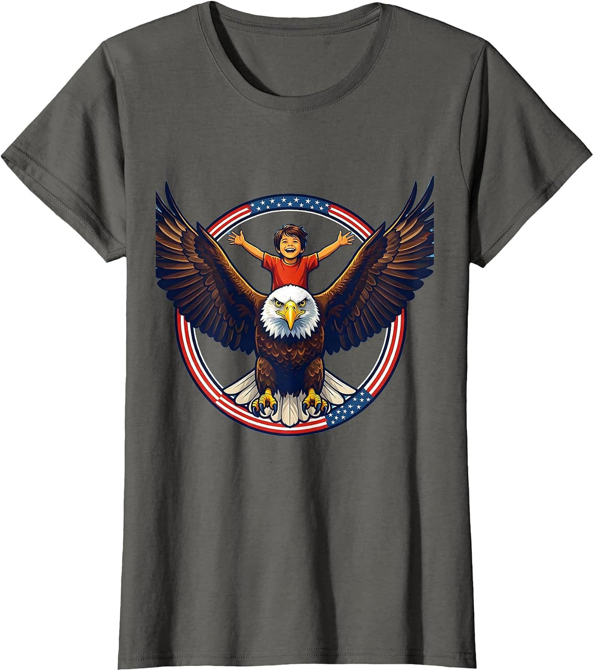 Women's Kids American Flag Bald Eagle Rider Graphic T-Shirt - Asphalt Grey