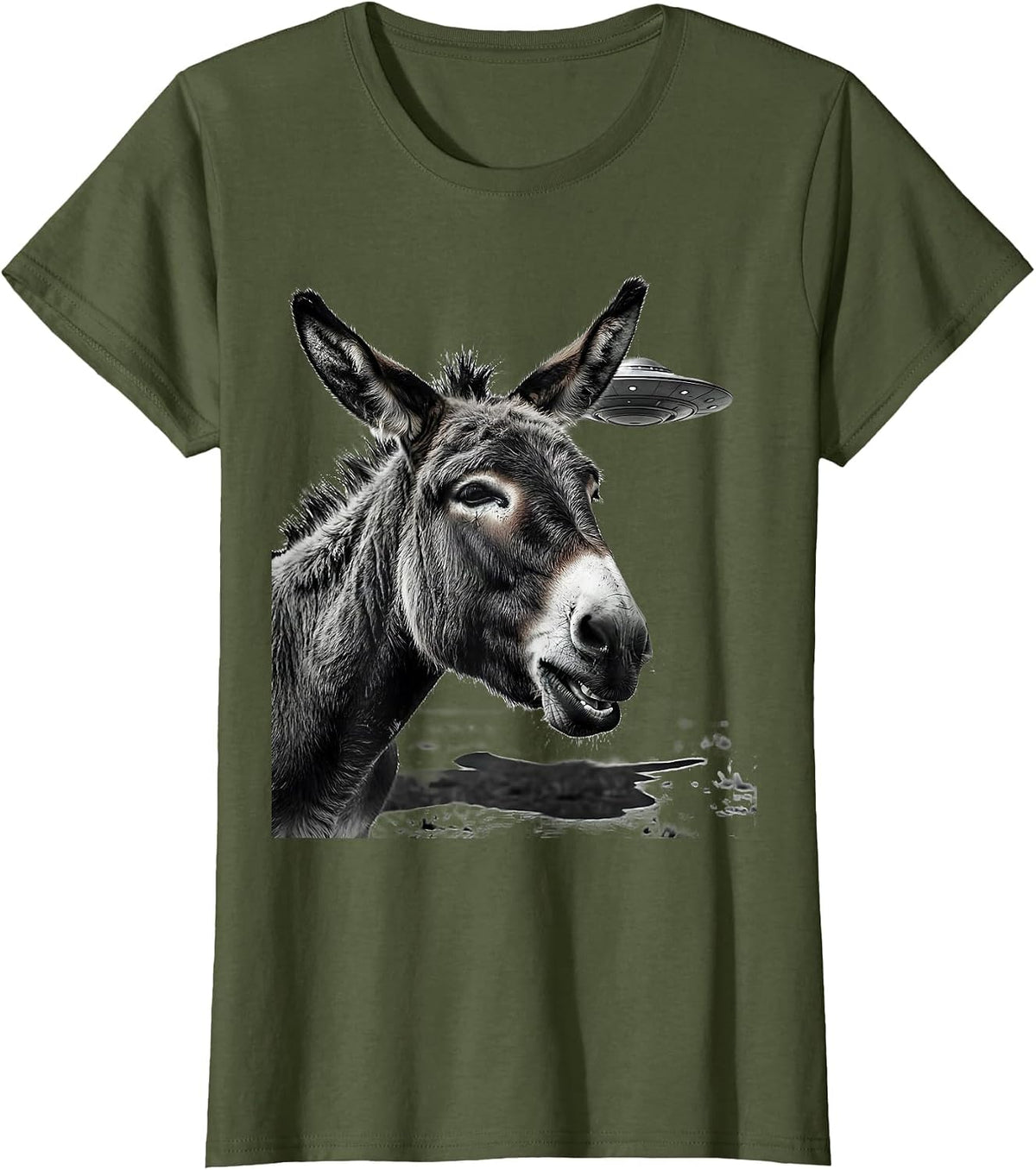 Women's Donkey Head UFO Selfie Funny Animal Lover Humor T-Shirt - Olive Green